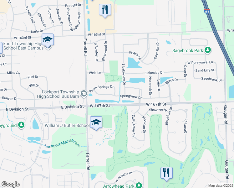 map of restaurants, bars, coffee shops, grocery stores, and more near 16602 Karen Springs Drive in Lockport