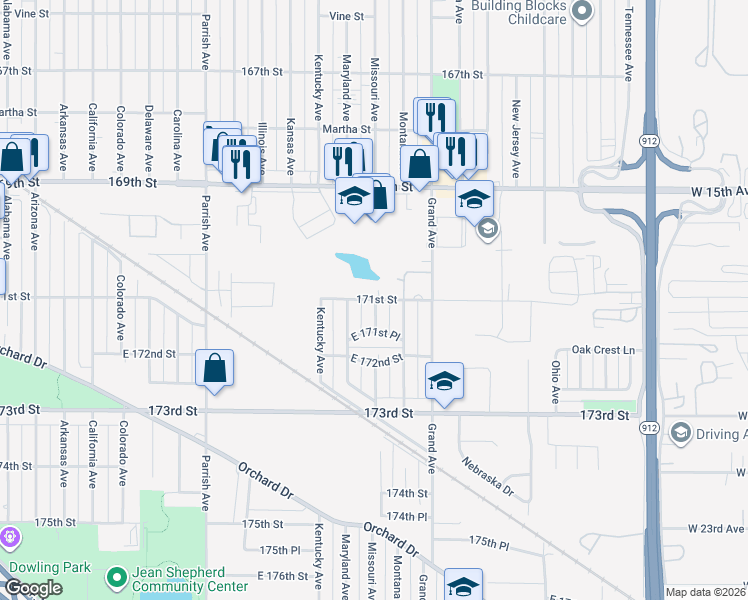 map of restaurants, bars, coffee shops, grocery stores, and more near 3498 East 171st Street in Hammond