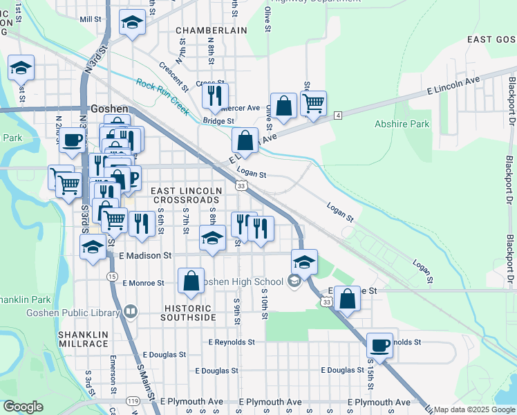 map of restaurants, bars, coffee shops, grocery stores, and more near 211 South 10th Street in Goshen