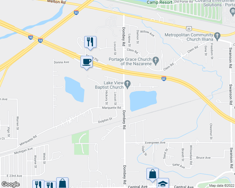 map of restaurants, bars, coffee shops, grocery stores, and more near 2320 Locust Street in Portage