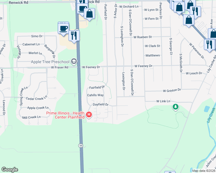 map of restaurants, bars, coffee shops, grocery stores, and more near 16427 Deer Ridge Drive in Plainfield