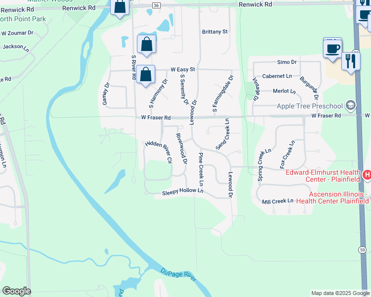 map of restaurants, bars, coffee shops, grocery stores, and more near 16405 Riverwood Drive in Plainfield