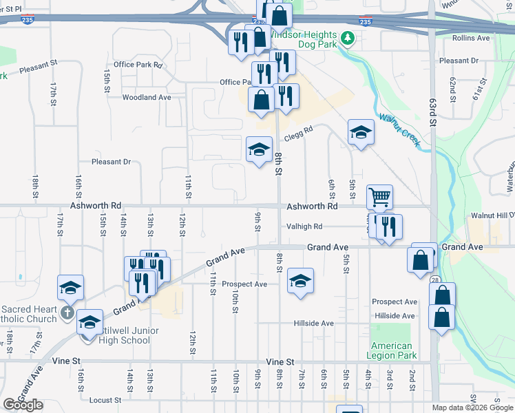 map of restaurants, bars, coffee shops, grocery stores, and more near 1905 9th Street in West Des Moines