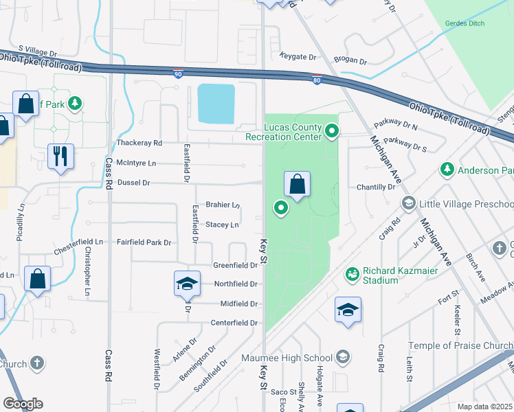 map of restaurants, bars, coffee shops, grocery stores, and more near 1607 Key Street in Maumee