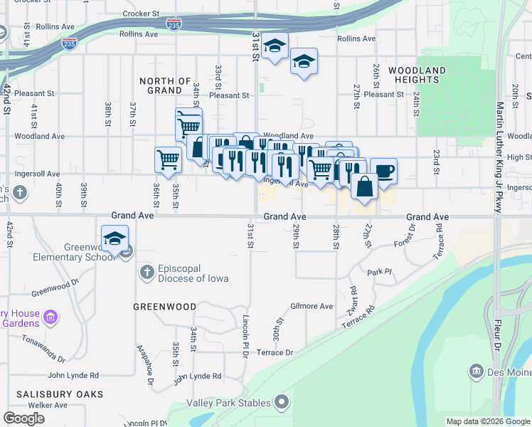 map of restaurants, bars, coffee shops, grocery stores, and more near 3009 Grand Avenue in Des Moines