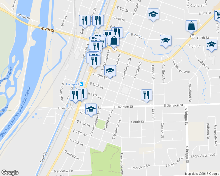 map of restaurants, bars, coffee shops, grocery stores, and more near 1236 South Washington Street in Lockport