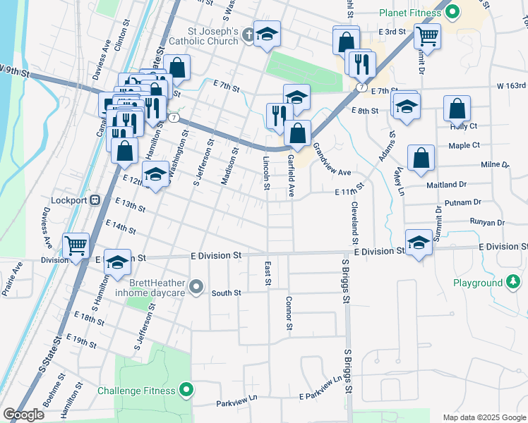 map of restaurants, bars, coffee shops, grocery stores, and more near 1111 Lincoln Street in Lockport