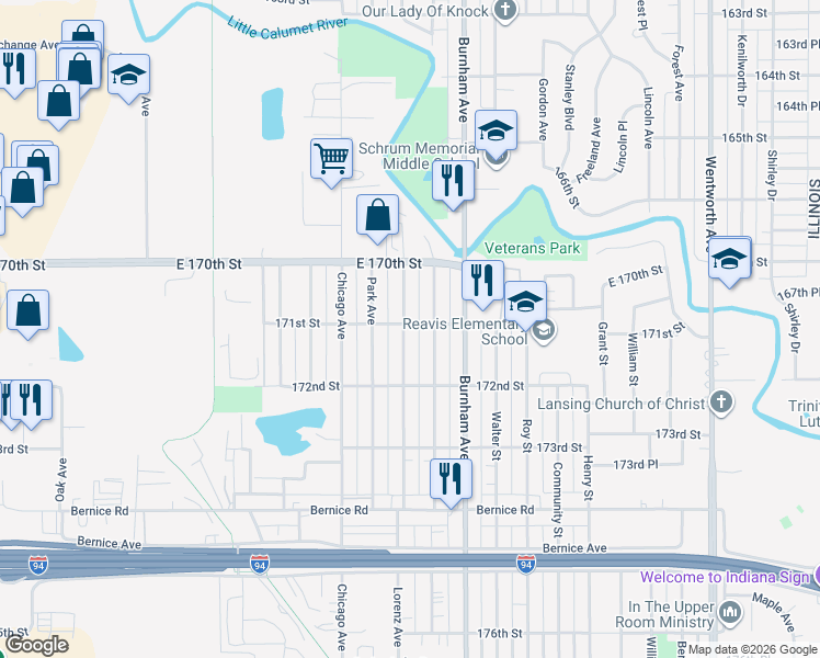 map of restaurants, bars, coffee shops, grocery stores, and more near 17103 Lorenz Avenue in Lansing