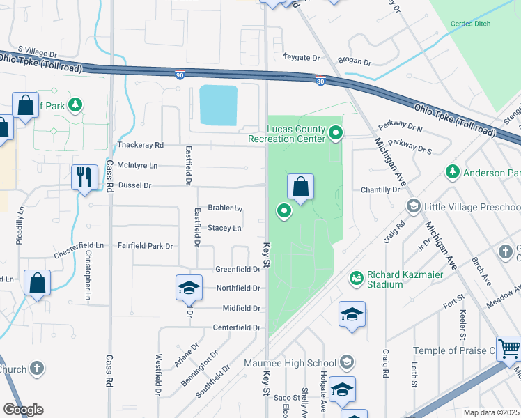 map of restaurants, bars, coffee shops, grocery stores, and more near 1607 Key Street in Maumee