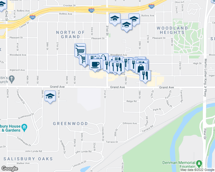 map of restaurants, bars, coffee shops, grocery stores, and more near 3103 Grand Avenue in Des Moines