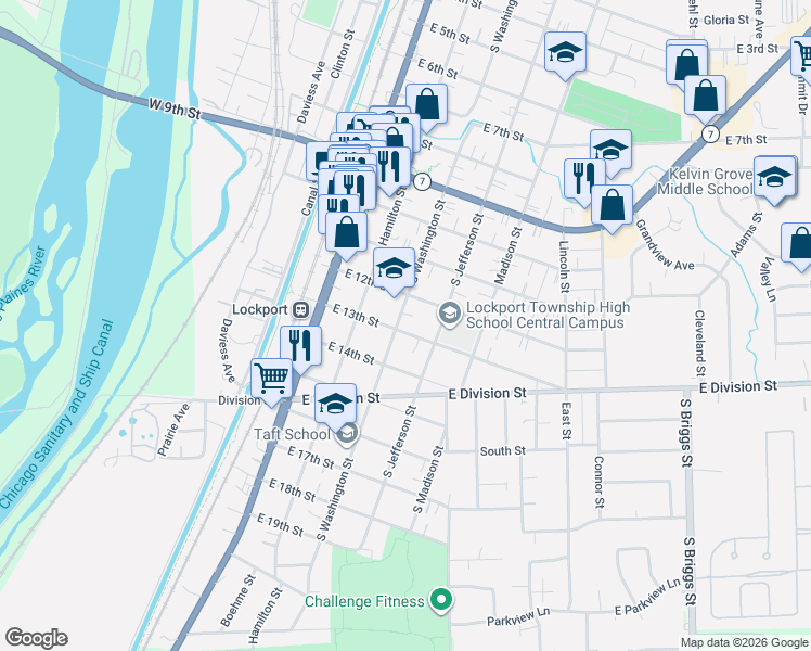 map of restaurants, bars, coffee shops, grocery stores, and more near 1236 South Washington Street in Lockport