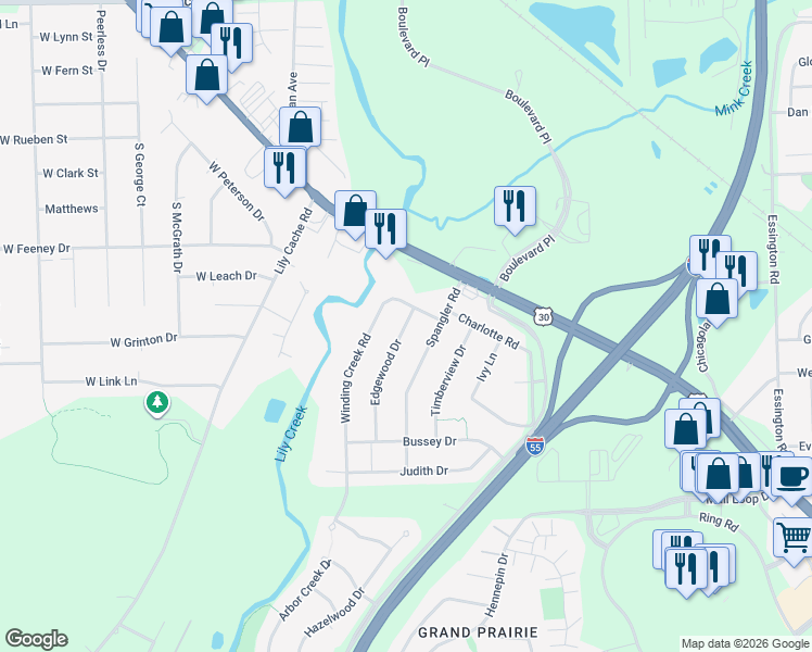 map of restaurants, bars, coffee shops, grocery stores, and more near 16432 Edgewood Road in Plainfield