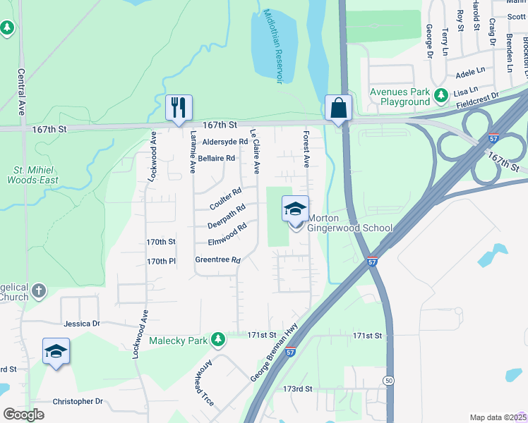map of restaurants, bars, coffee shops, grocery stores, and more near 16873 Le Claire Ave in Oak Forest