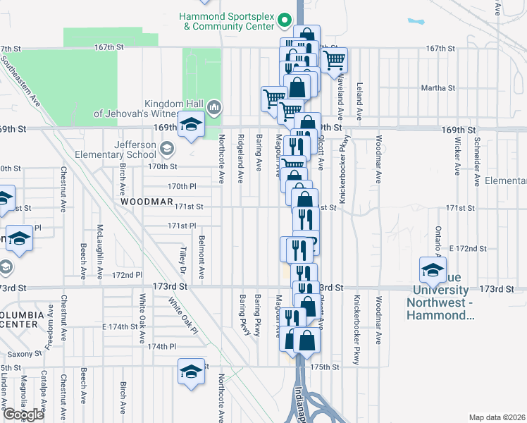 map of restaurants, bars, coffee shops, grocery stores, and more near 7107 Baring Parkway in Hammond