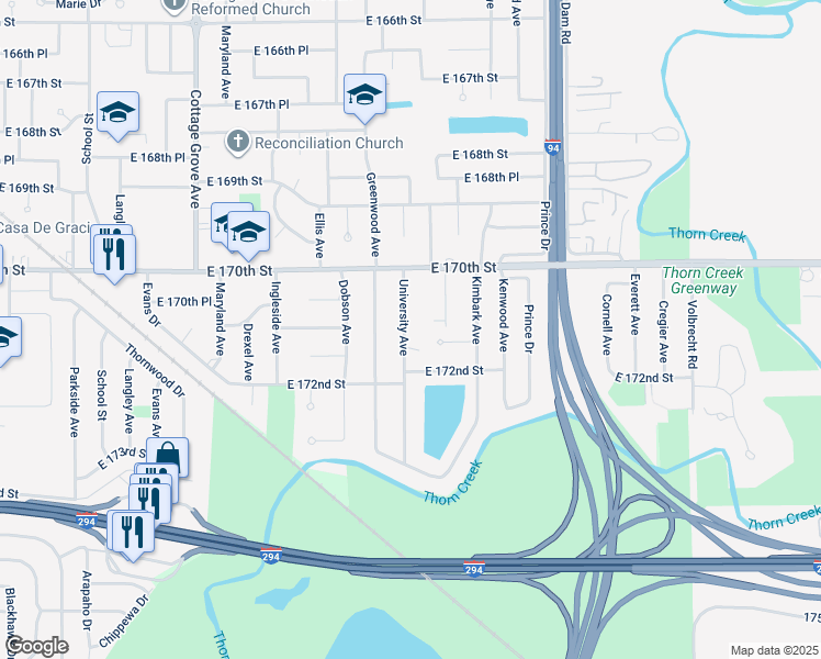 map of restaurants, bars, coffee shops, grocery stores, and more near 17103 University Avenue in South Holland