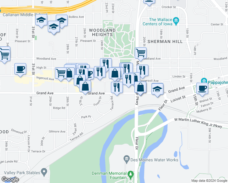 map of restaurants, bars, coffee shops, grocery stores, and more near 2213 Grand Avenue in Des Moines