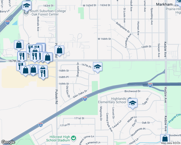 map of restaurants, bars, coffee shops, grocery stores, and more near 3712 168th Street in Country Club Hills