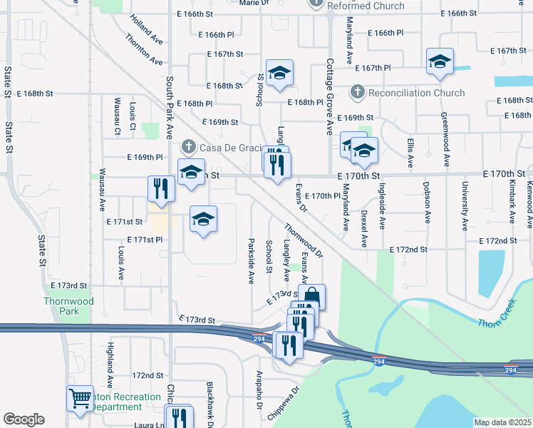 map of restaurants, bars, coffee shops, grocery stores, and more near 17100 School Street in South Holland