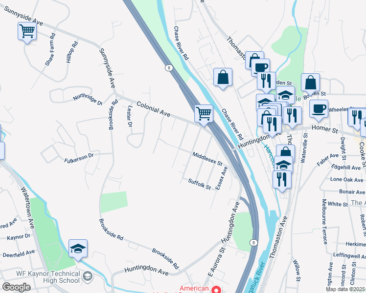 map of restaurants, bars, coffee shops, grocery stores, and more near 92 Middlesex Street in Waterbury