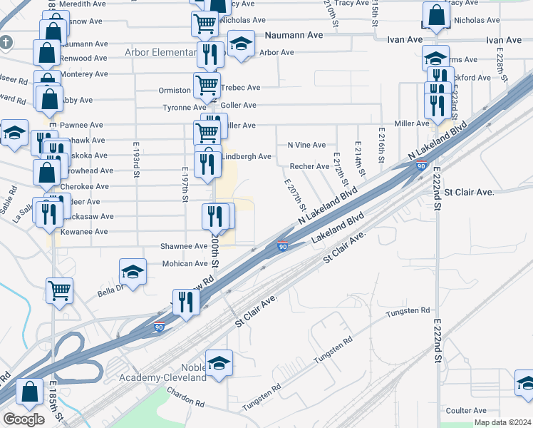 map of restaurants, bars, coffee shops, grocery stores, and more near 4 Gateway in Euclid