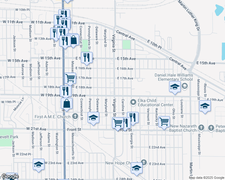 map of restaurants, bars, coffee shops, grocery stores, and more near 1810 Virginia St in Gary