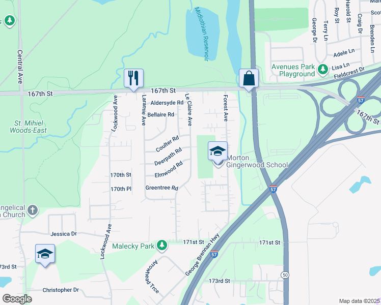 map of restaurants, bars, coffee shops, grocery stores, and more near 16873 Le Claire Avenue in Oak Forest