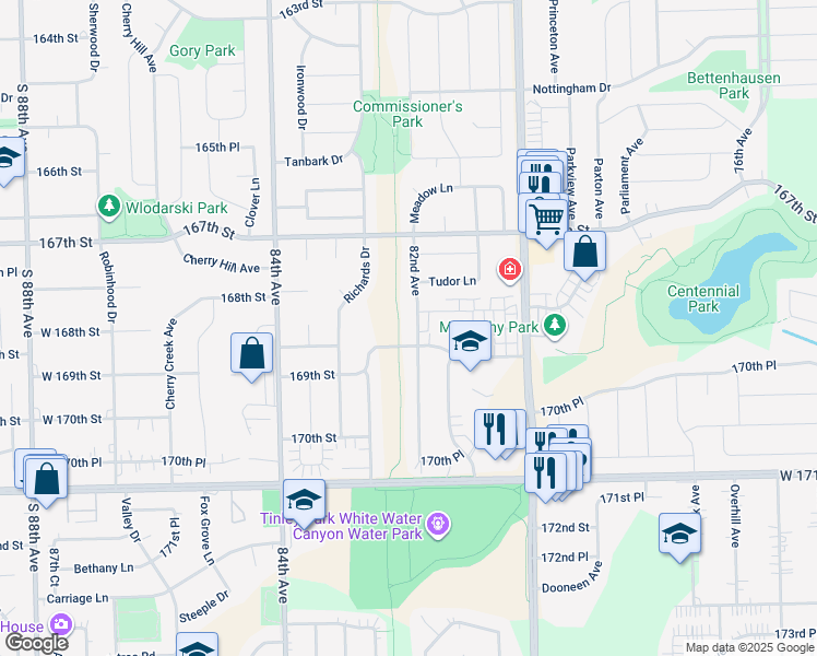 map of restaurants, bars, coffee shops, grocery stores, and more near 16824 82nd Avenue in Tinley Park