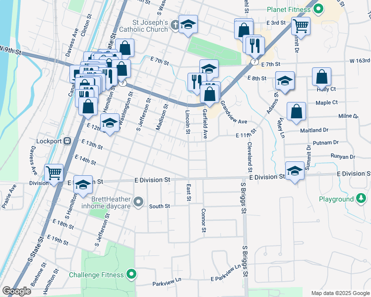 map of restaurants, bars, coffee shops, grocery stores, and more near 1111 Lincoln Street in Lockport