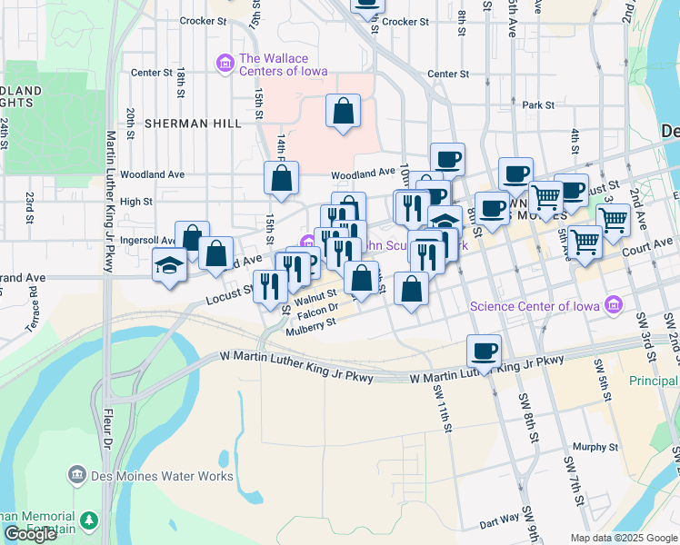map of restaurants, bars, coffee shops, grocery stores, and more near 1402 Locust Street in West Des Moines