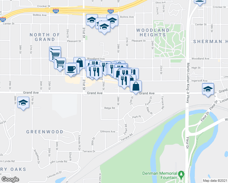 map of restaurants, bars, coffee shops, grocery stores, and more near 2815 Grand Avenue in Des Moines