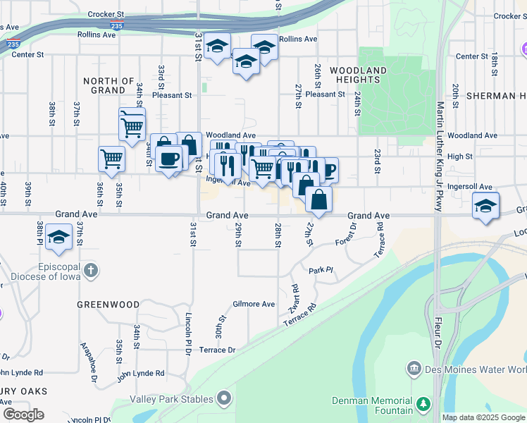 map of restaurants, bars, coffee shops, grocery stores, and more near 2815 Grand Avenue in Des Moines