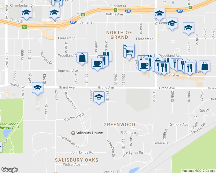 map of restaurants, bars, coffee shops, grocery stores, and more near 3698 Grand Avenue in Des Moines