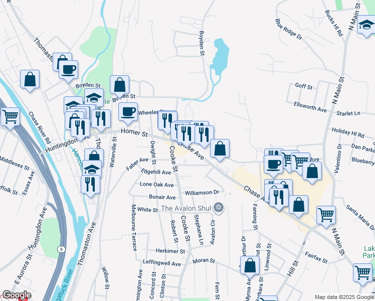 map of restaurants, bars, coffee shops, grocery stores, and more near 577 Chase Avenue in Waterbury