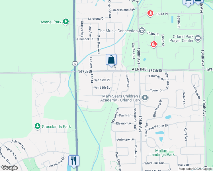 map of restaurants, bars, coffee shops, grocery stores, and more near 11000 West 168th Street in Orland Park