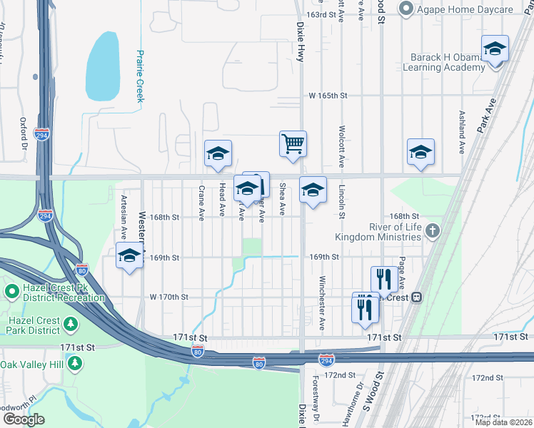map of restaurants, bars, coffee shops, grocery stores, and more near 16785 Bulger Avenue in Hazel Crest