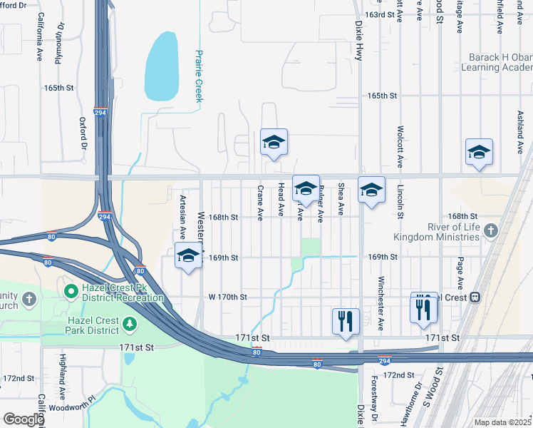 map of restaurants, bars, coffee shops, grocery stores, and more near 16784 Head Avenue in Hazel Crest