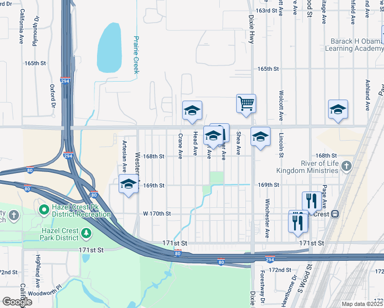 map of restaurants, bars, coffee shops, grocery stores, and more near 16784 Head Avenue in Hazel Crest