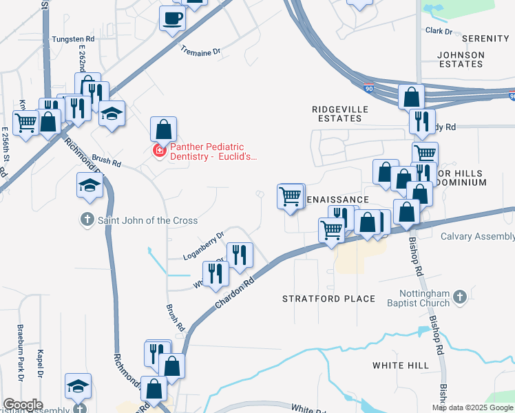 map of restaurants, bars, coffee shops, grocery stores, and more near 137 Chestnut Lane in Cleveland