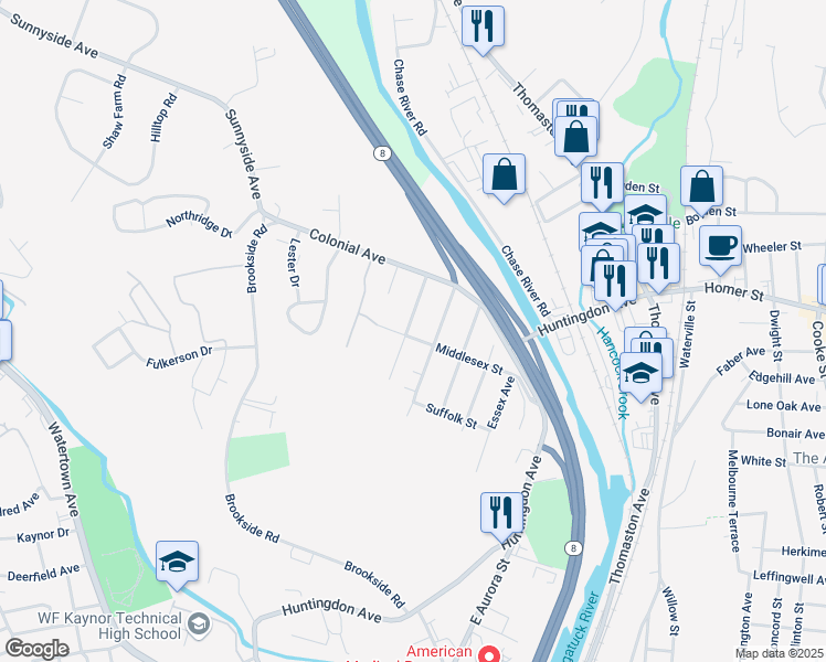 map of restaurants, bars, coffee shops, grocery stores, and more near 92 Middlesex Street in Waterbury