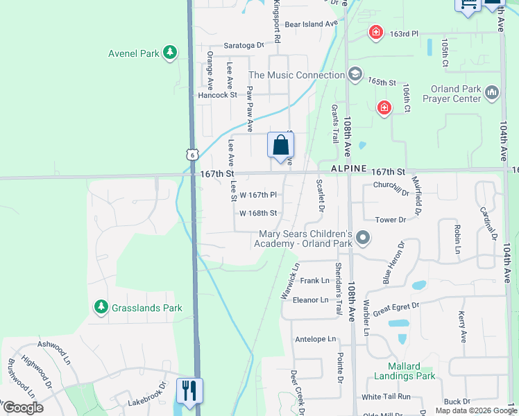map of restaurants, bars, coffee shops, grocery stores, and more near 11000 West 168th Street in Orland Park