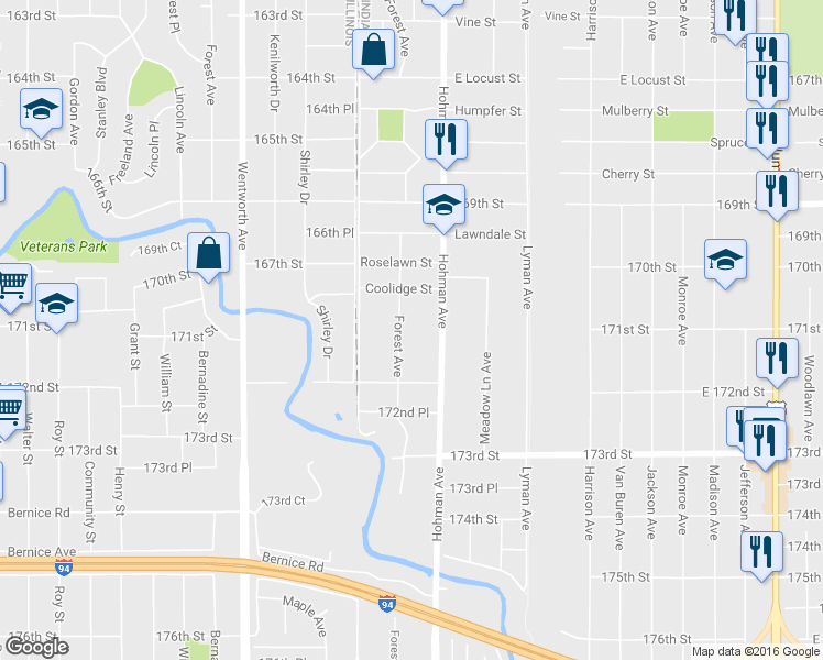 map of restaurants, bars, coffee shops, grocery stores, and more near 7105 Forest Avenue in Hammond