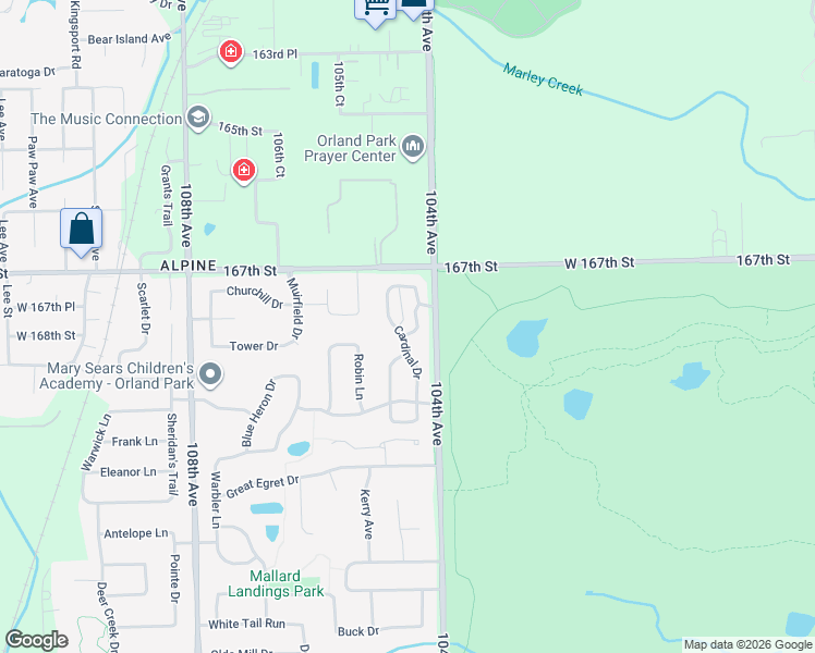 map of restaurants, bars, coffee shops, grocery stores, and more near 16756 Winterberry Lane in Orland Park