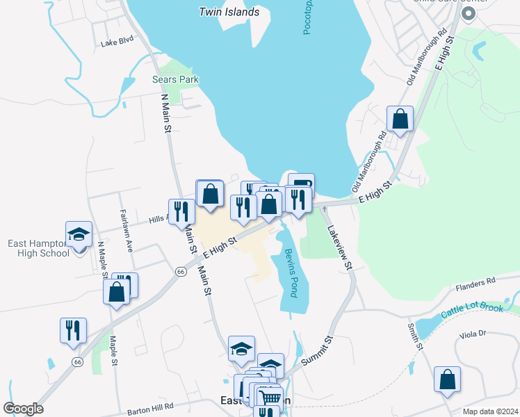 map of restaurants, bars, coffee shops, grocery stores, and more near 60 Mallard Cove in East Hampton