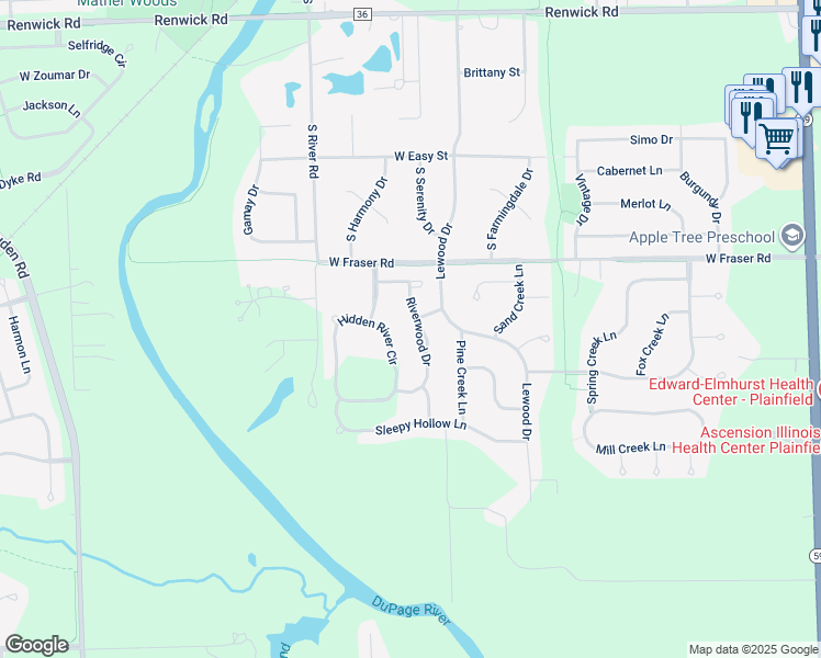 map of restaurants, bars, coffee shops, grocery stores, and more near 16405 Riverwood Drive in Plainfield