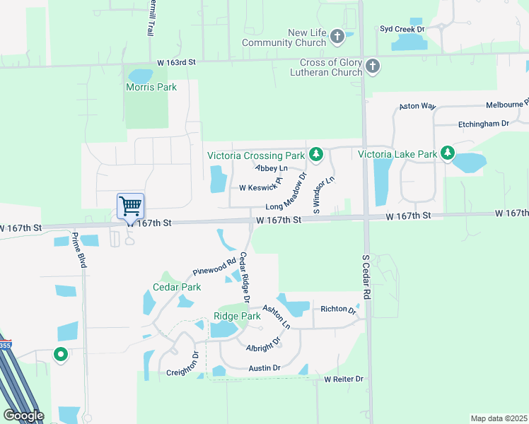 map of restaurants, bars, coffee shops, grocery stores, and more near 15041 Long Meadow Drive in Lockport
