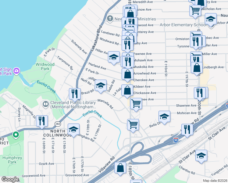 map of restaurants, bars, coffee shops, grocery stores, and more near 18211 La Salle Road in Cleveland