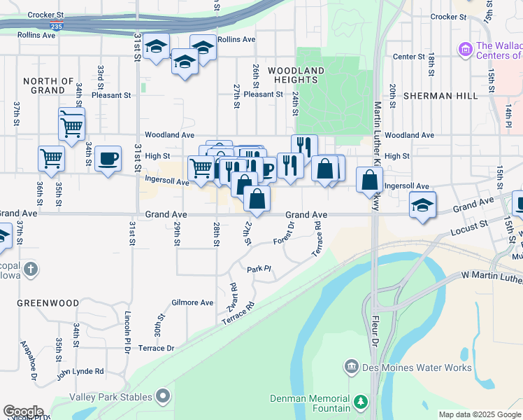 map of restaurants, bars, coffee shops, grocery stores, and more near 2515 Grand Avenue in Des Moines