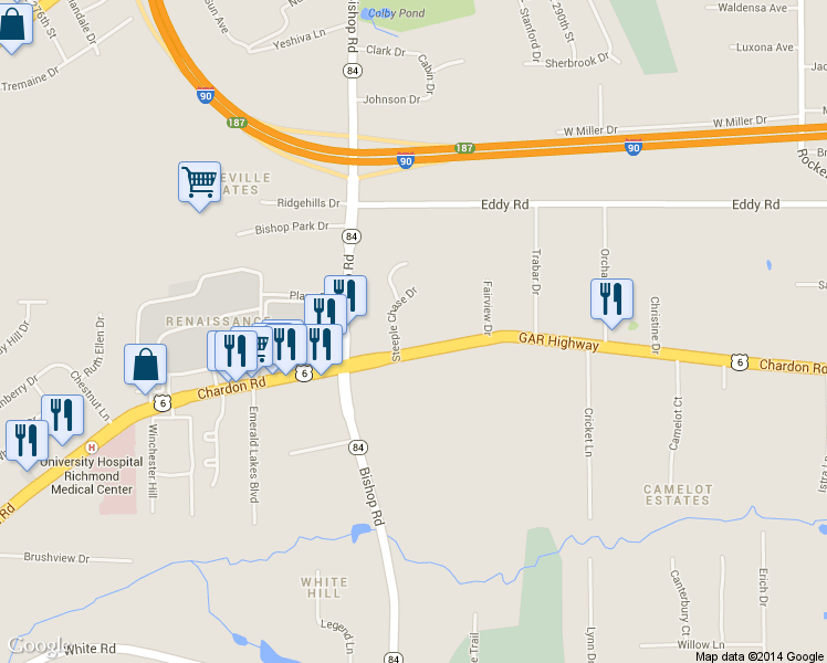 map of restaurants, bars, coffee shops, grocery stores, and more near 28755 Chardon Road in Willoughby Hills