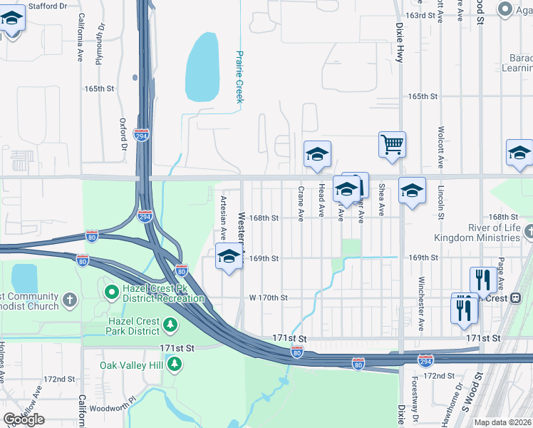map of restaurants, bars, coffee shops, grocery stores, and more near 16779 Orchard Ridge Avenue in Hazel Crest