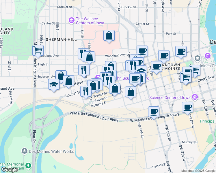 map of restaurants, bars, coffee shops, grocery stores, and more near 1402 Locust Street in West Des Moines